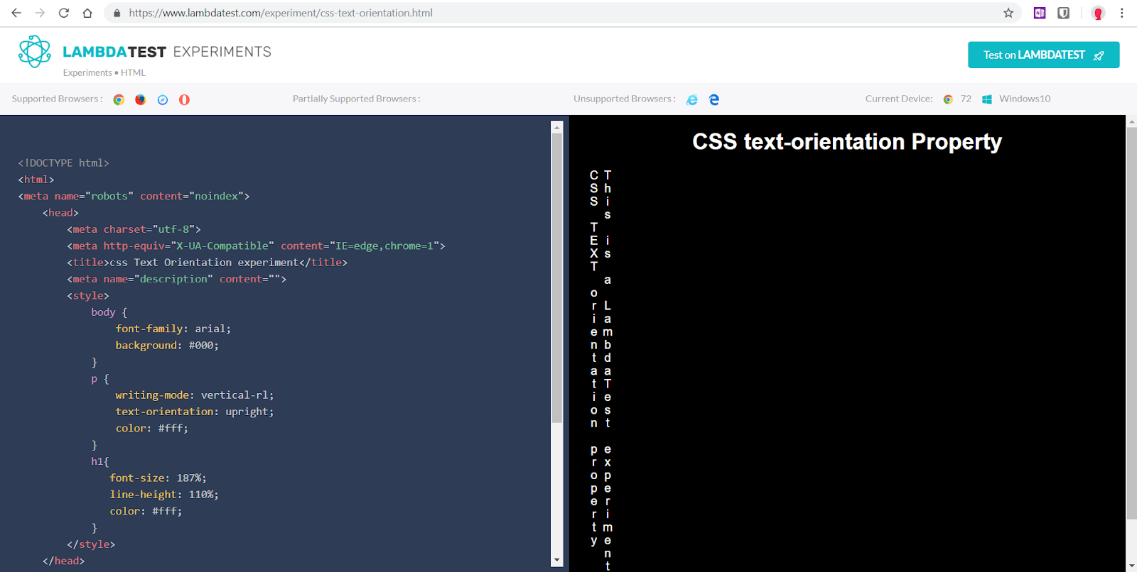 Lambdatest Experiments - CSS vertical text-orientation