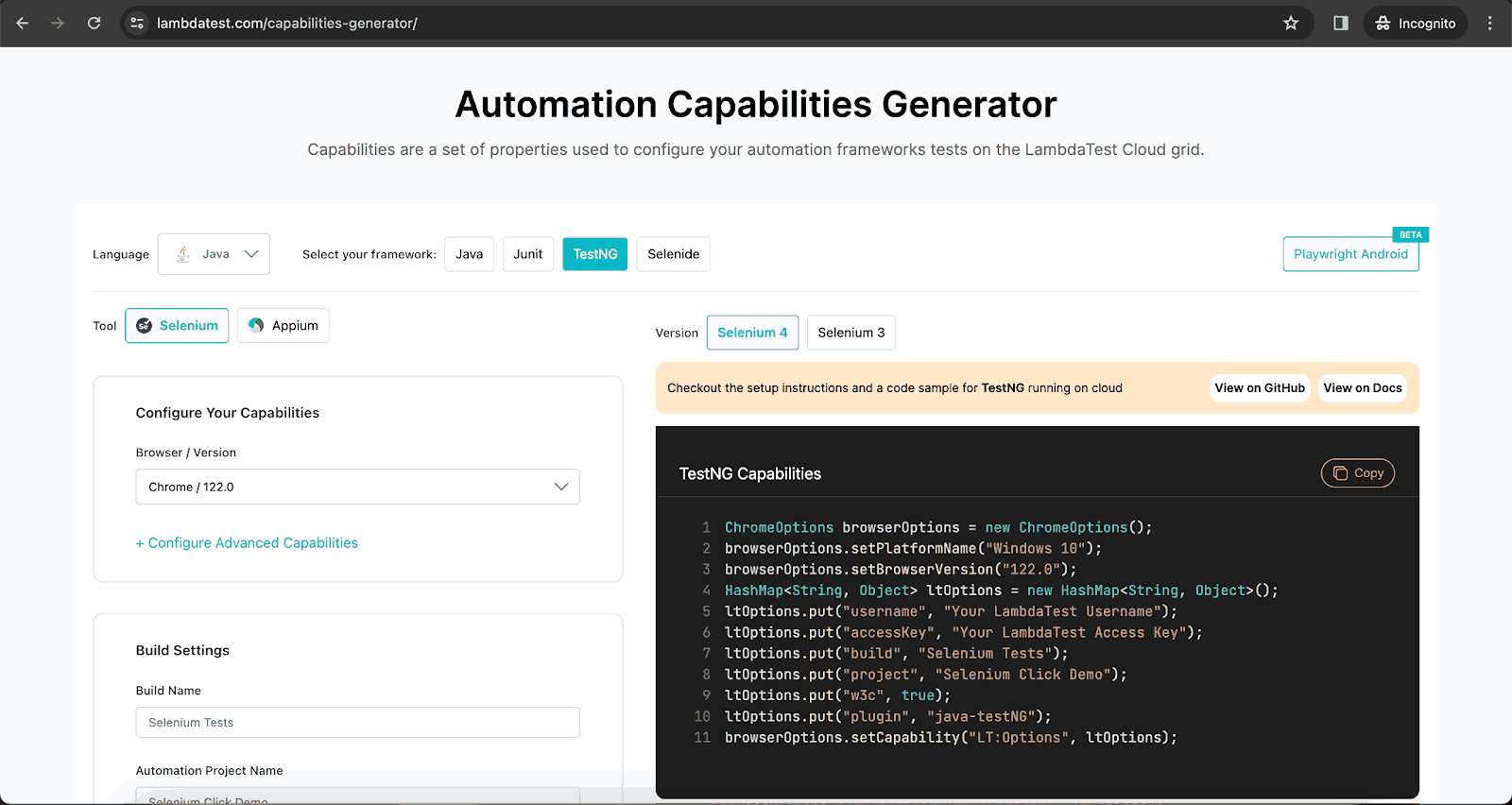 LambdaTest Automation Capabilities Generator