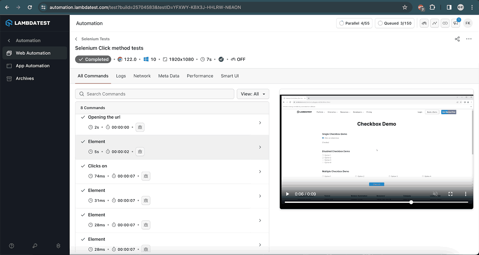 screenshot displays the test execution performed on the LambdaTest cloud grid