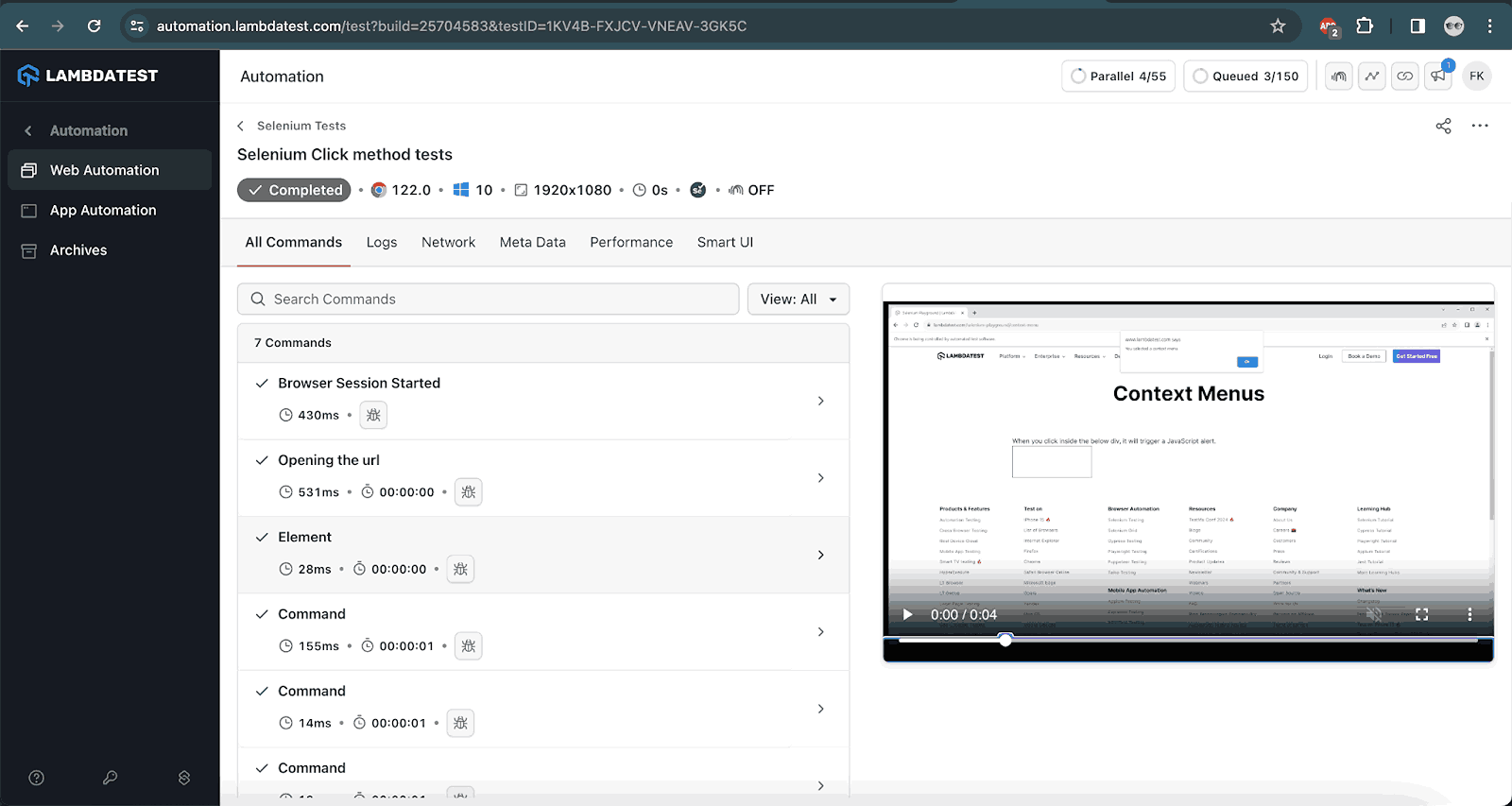screenshot provides the result of the test execution performed on the LambdaTest cloud grid