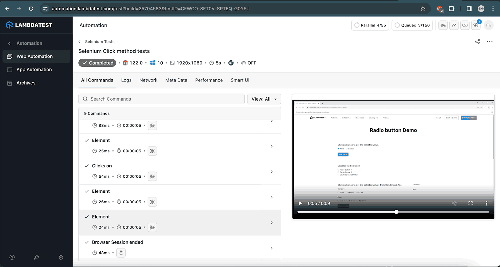 screenshot shows the test execution performed on the LambdaTest cloud grid