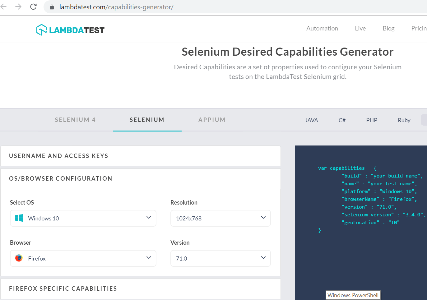 lambdatest desired capability for nightwatch js testing