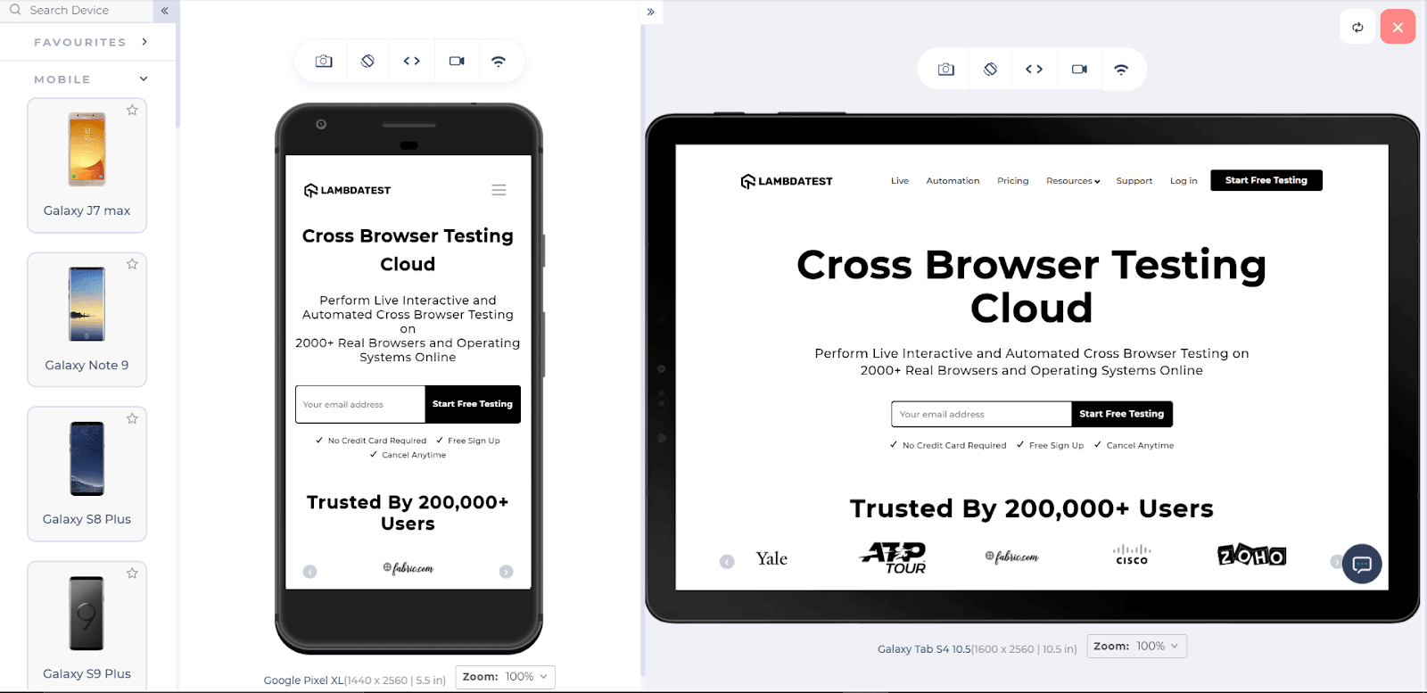 responsive design test on LT browser
