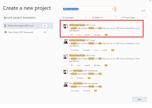 creating mstest project in visual studio