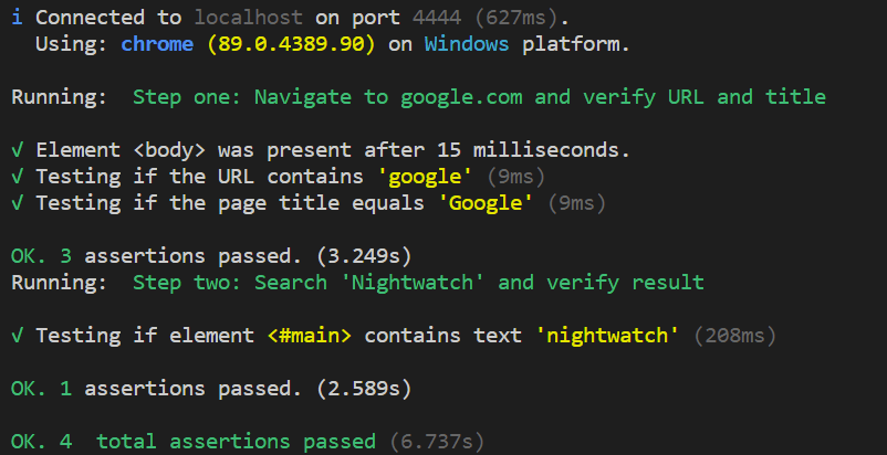 nightwatch test execution status