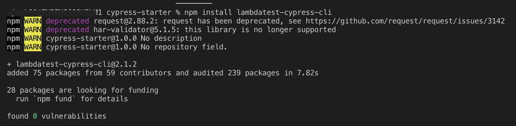 using npm install lambdatest-cypress-cli under