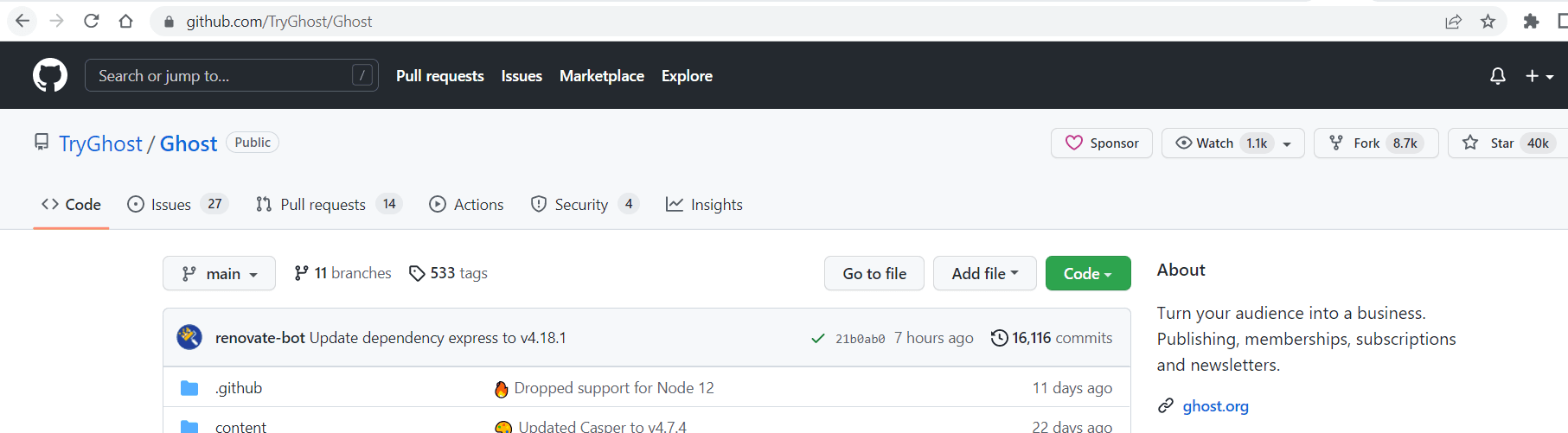 GitHub repo of the Ghost platform