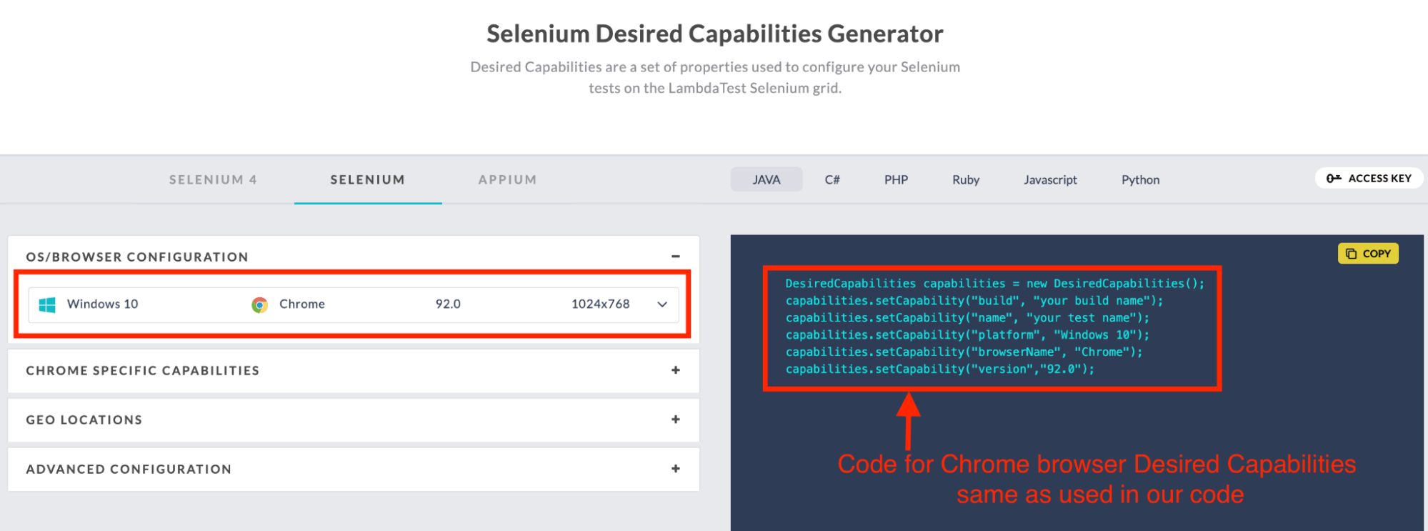 Selenium Desired Capabilities Generator