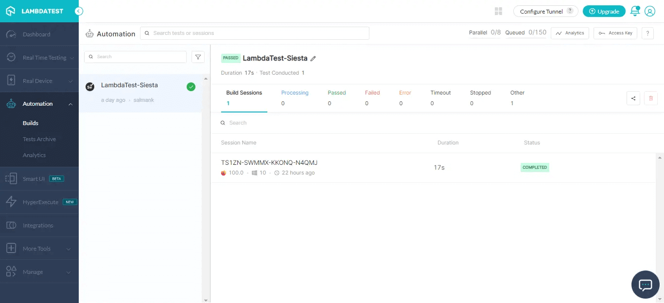 LambdaTest Automation Dashboard 