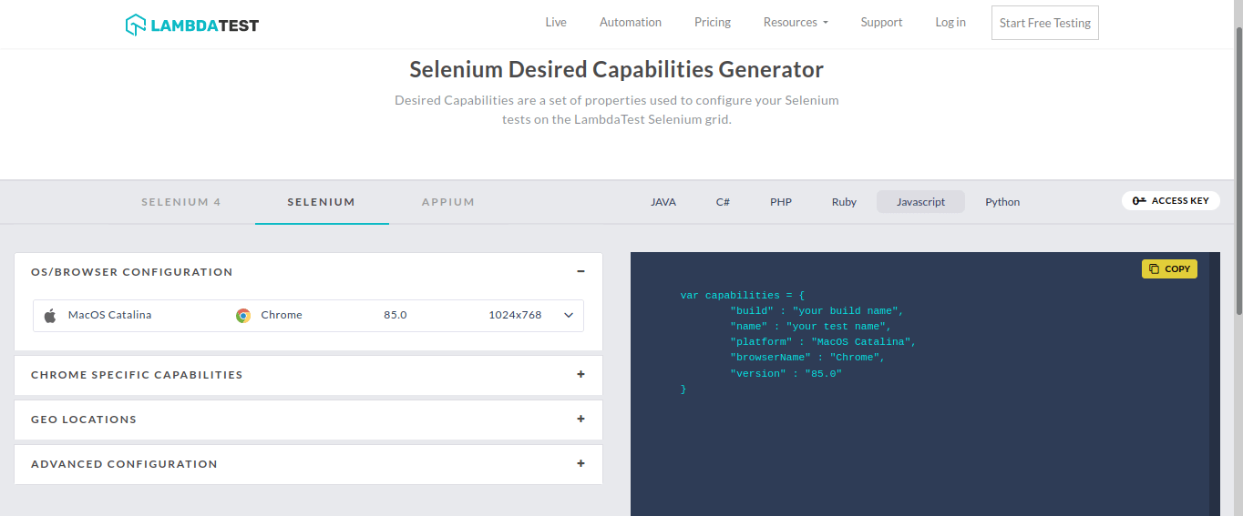 Selenium Desired Capability Generator 