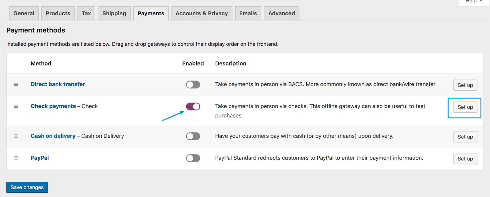enable the Check payment toggle 