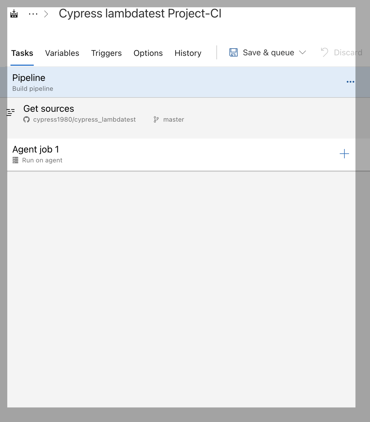 After clicking on “Empty job” on the next screen, we can see under the Tasks tab three options: Pipeline, Get Source, and Agent job. By default, the pipeline is selected.