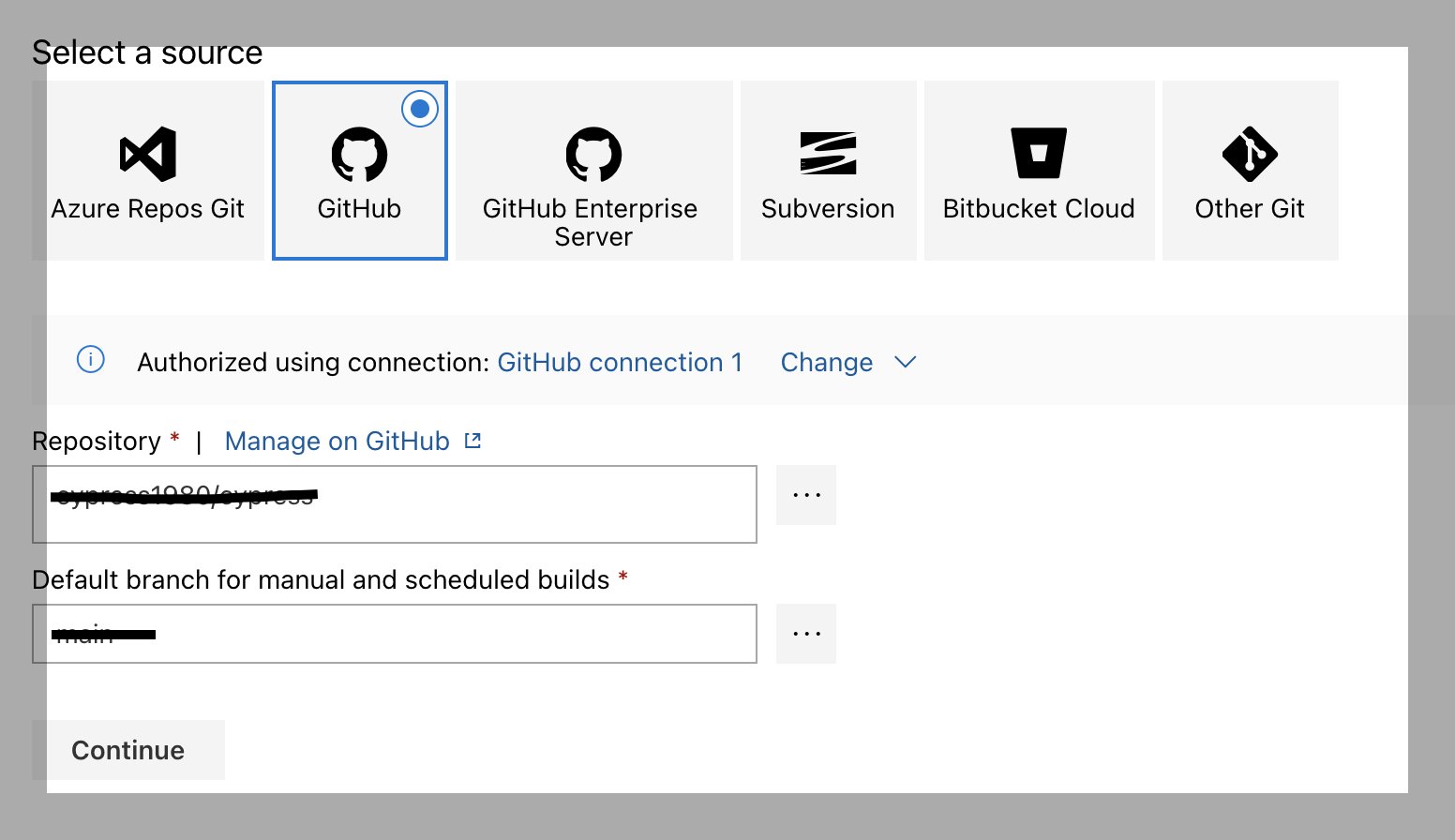 Select the repository and branch name from the existing repository.
