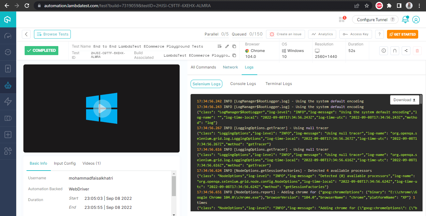 LambdaTest Build Details - with logs