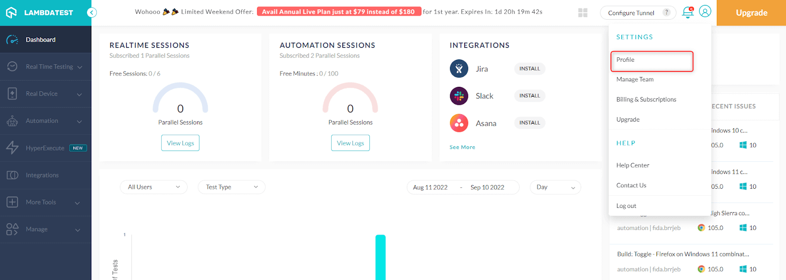 LambdaTest Dashboard Profile