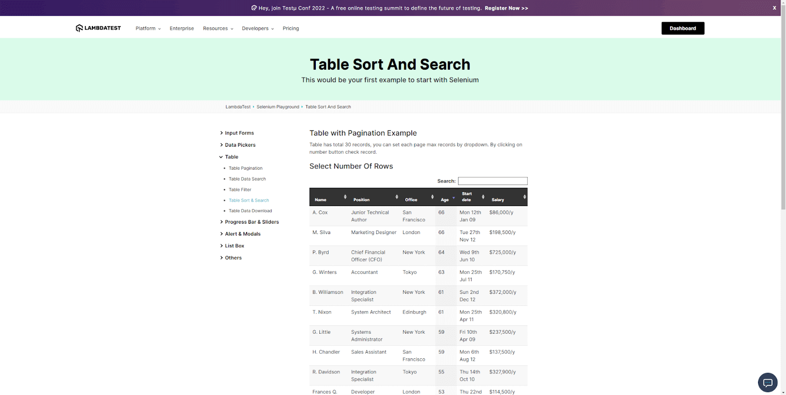 table sort and search