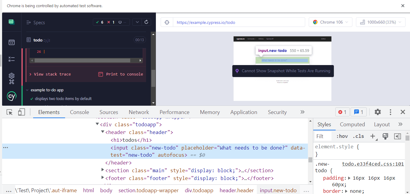 Testing and debugging simultaneously with Cypress