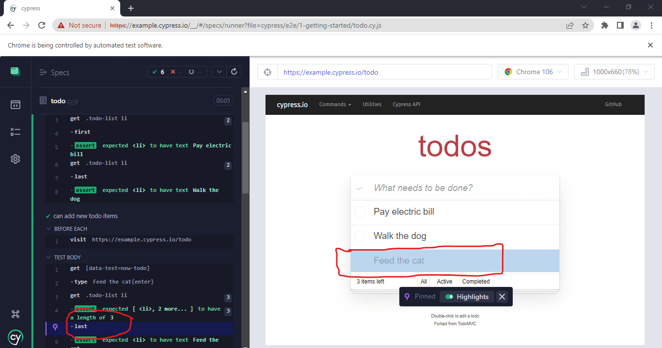 Time traveling states by hovering over the tests