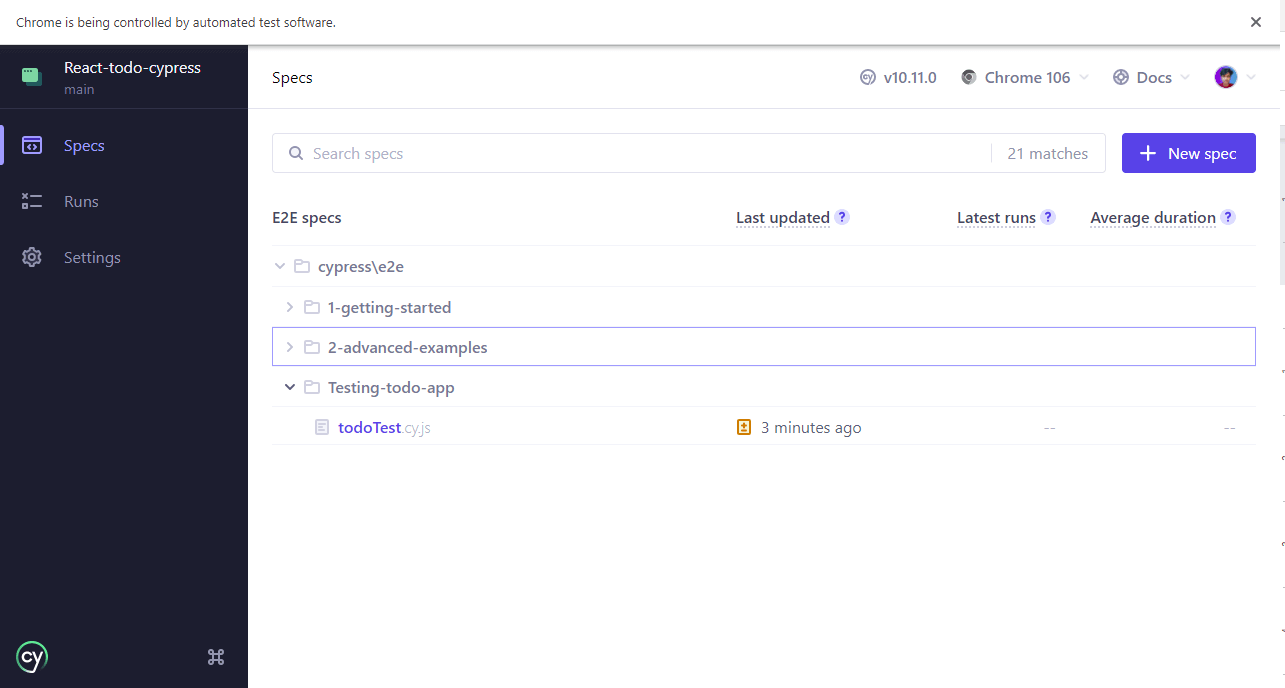 clicking the todoTest.cy.js file in the Cypress