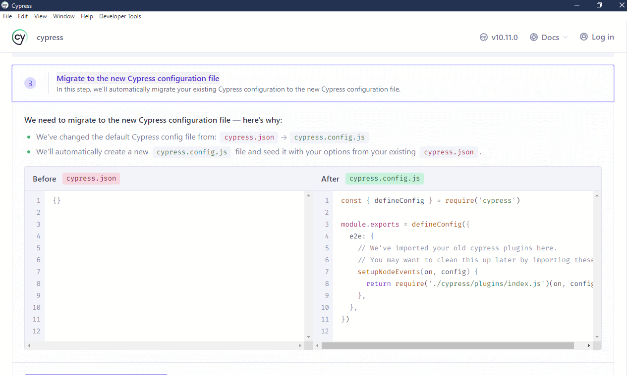 configuration with the corresponding options