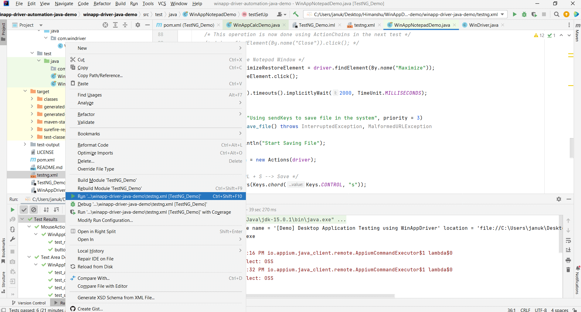 tests using the IDE