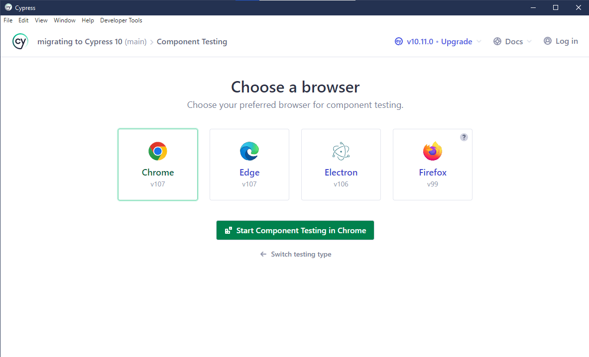 selecting browser component testing 