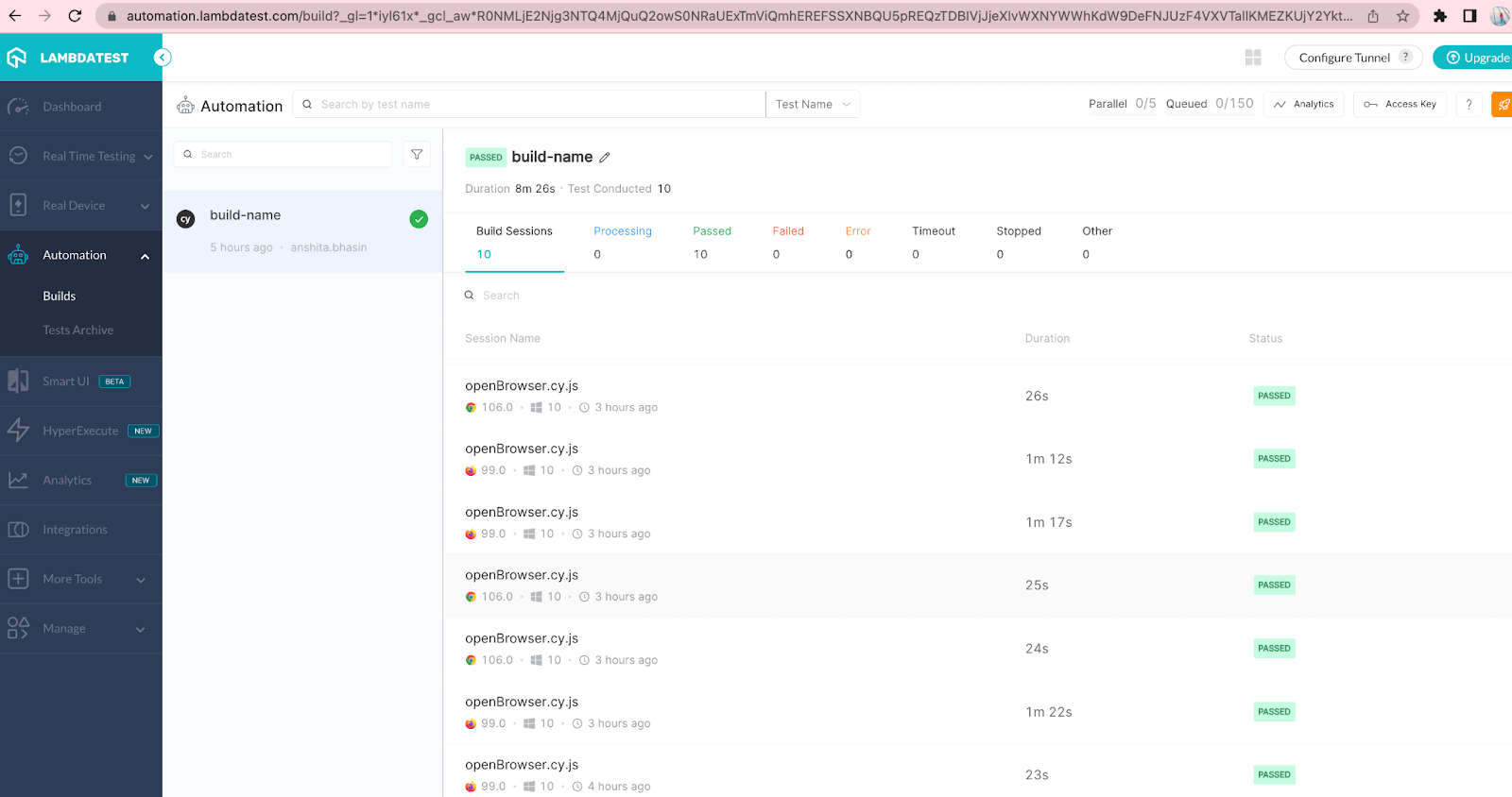 Cypress test run on LambdaTest cloud platform