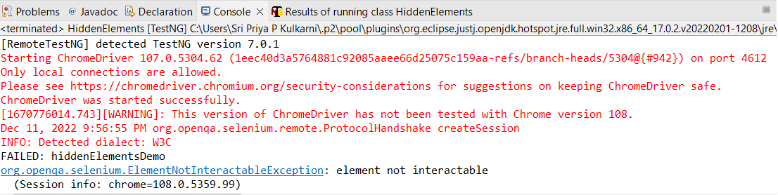Element Not Interactable Exception: