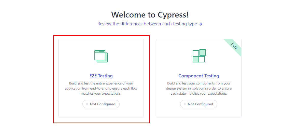 Select E2E testing after Cypress launches 