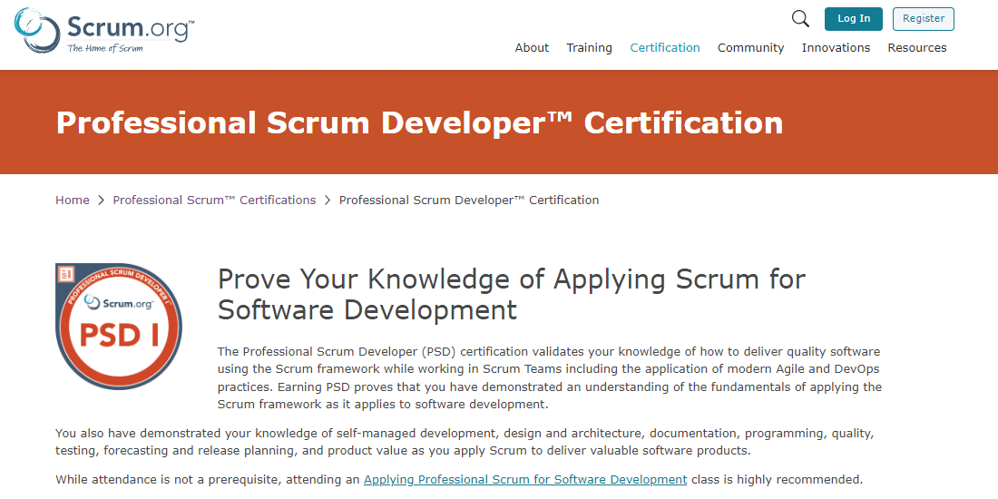 Professional Scrum Developer certificate