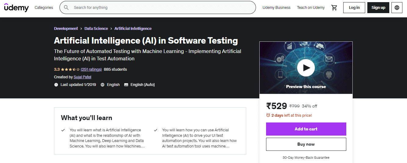 Artificial Intelligence (AI) in Software Testing course