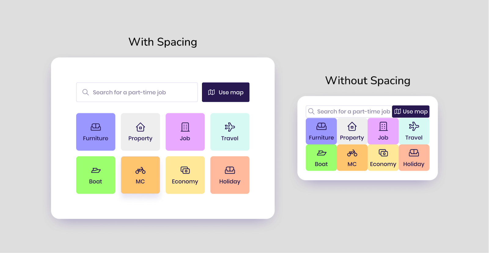 Comparison of elements, with and without Spacing