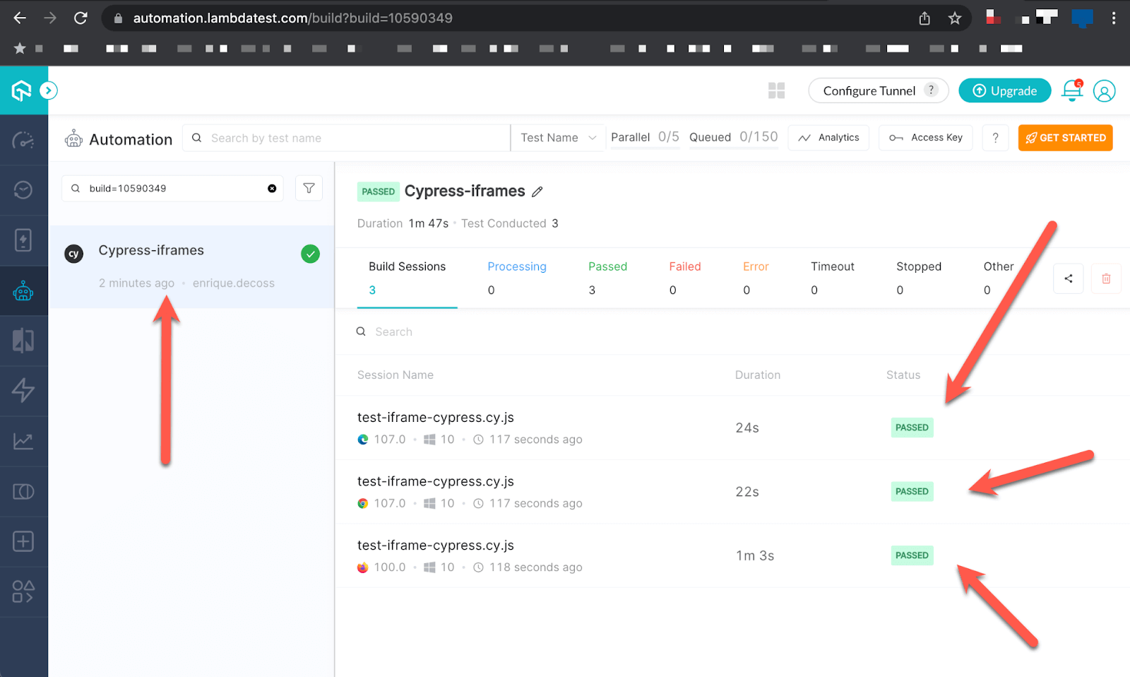 execution status from the LambdaTest Automation Dashboard