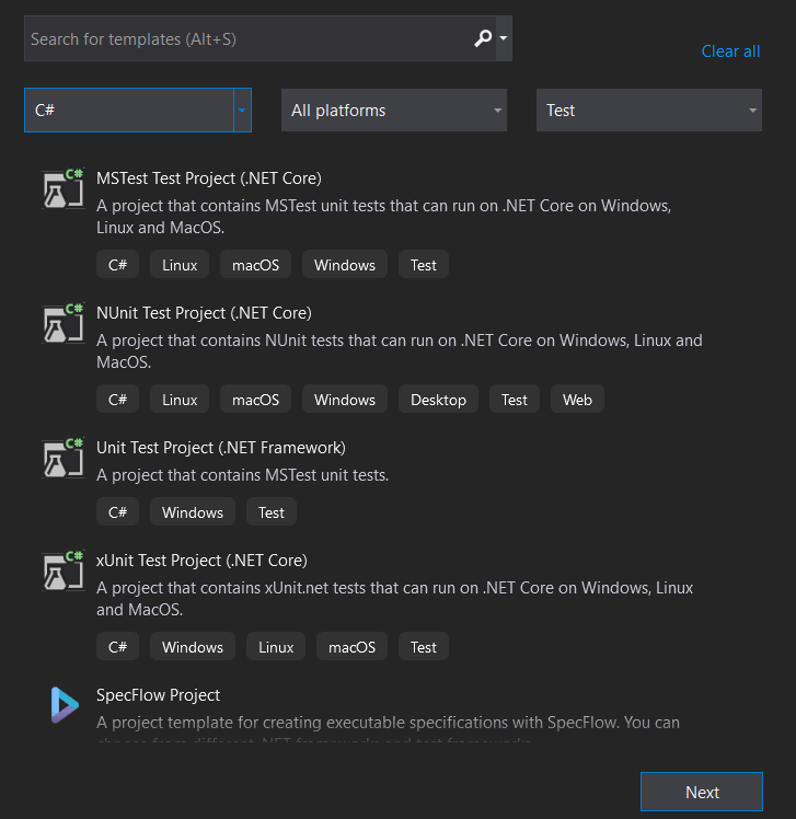 new test project in Visual Studio
