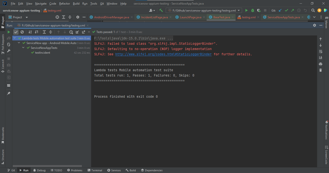 Screenshot of the test run locally using IntelliJ IDE