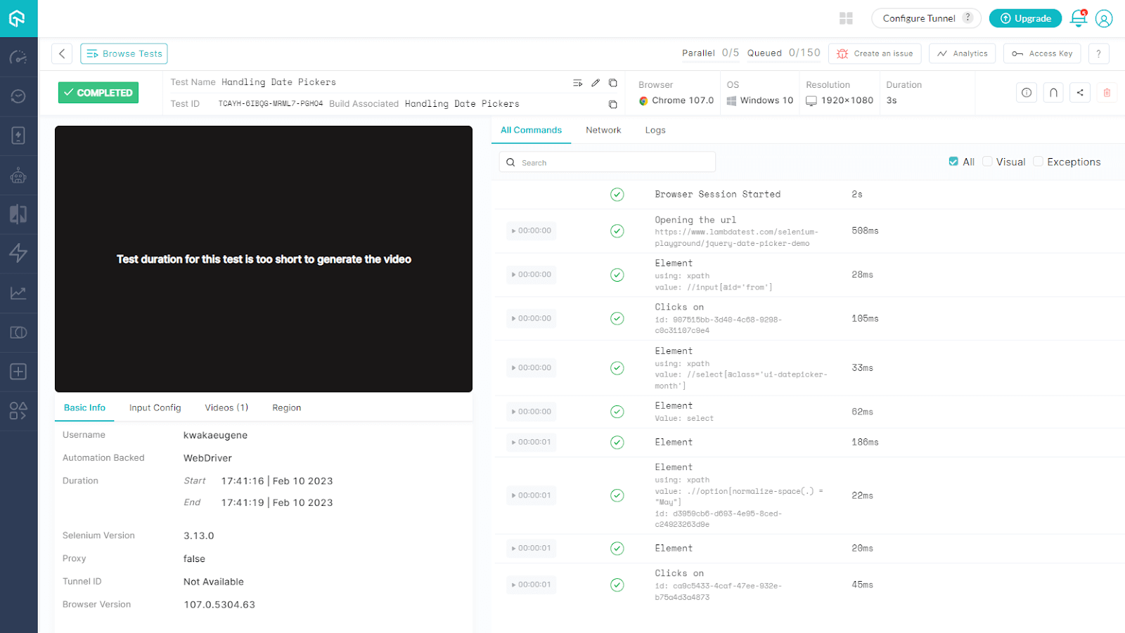 lambdatest dashboard date pickers