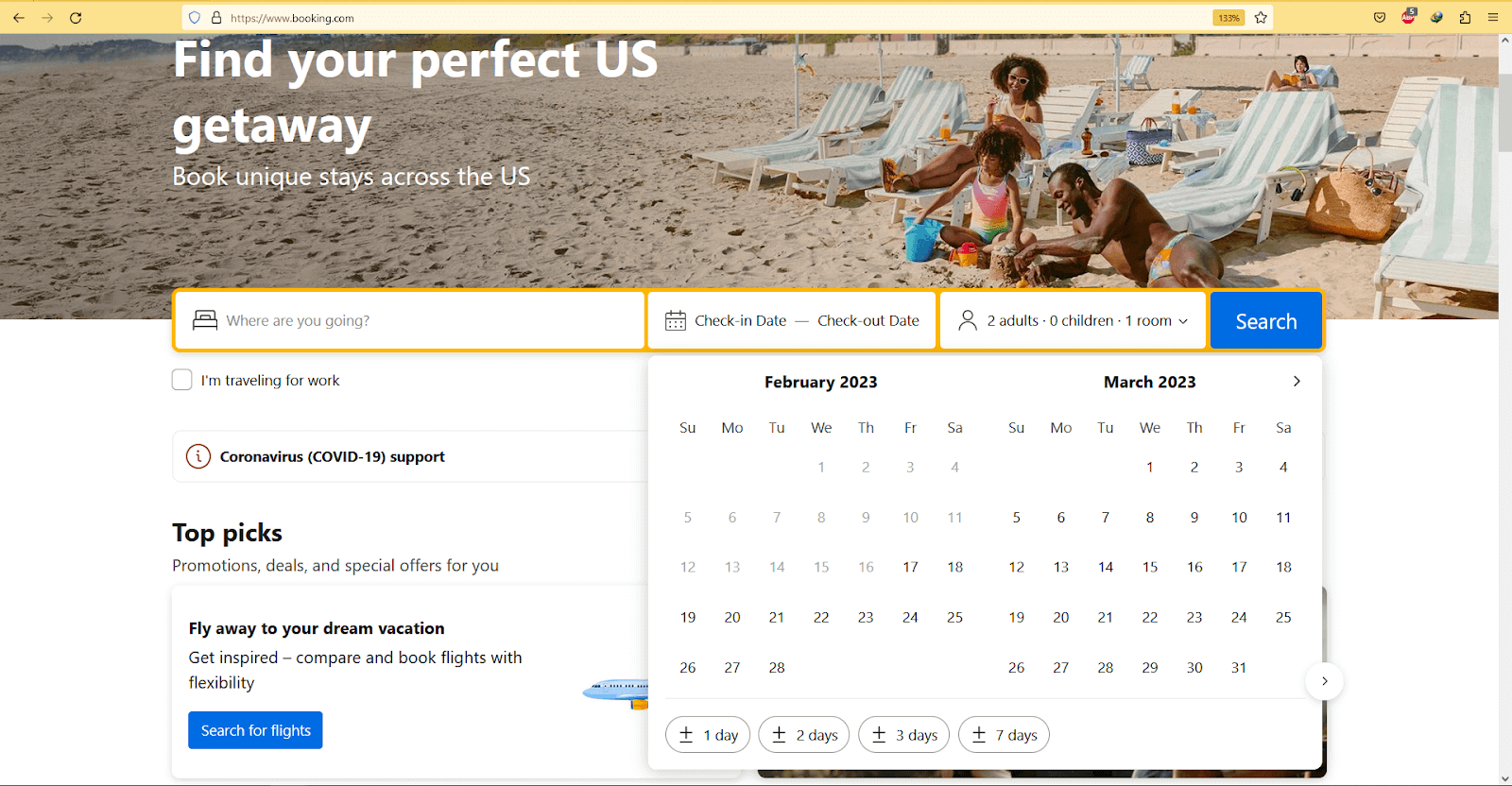 Booking.com datepicker in Firefox browser