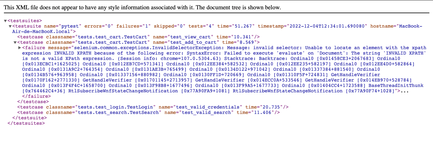  result.xml file in a browser