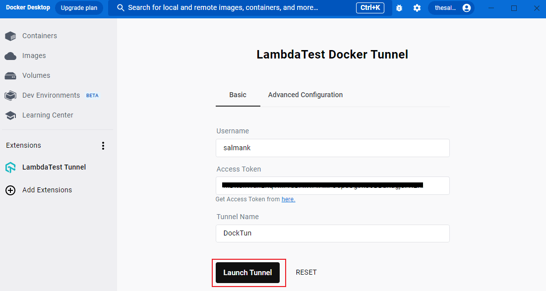 Step 2: Setup the LambdaTest Tunnel Docker Extension