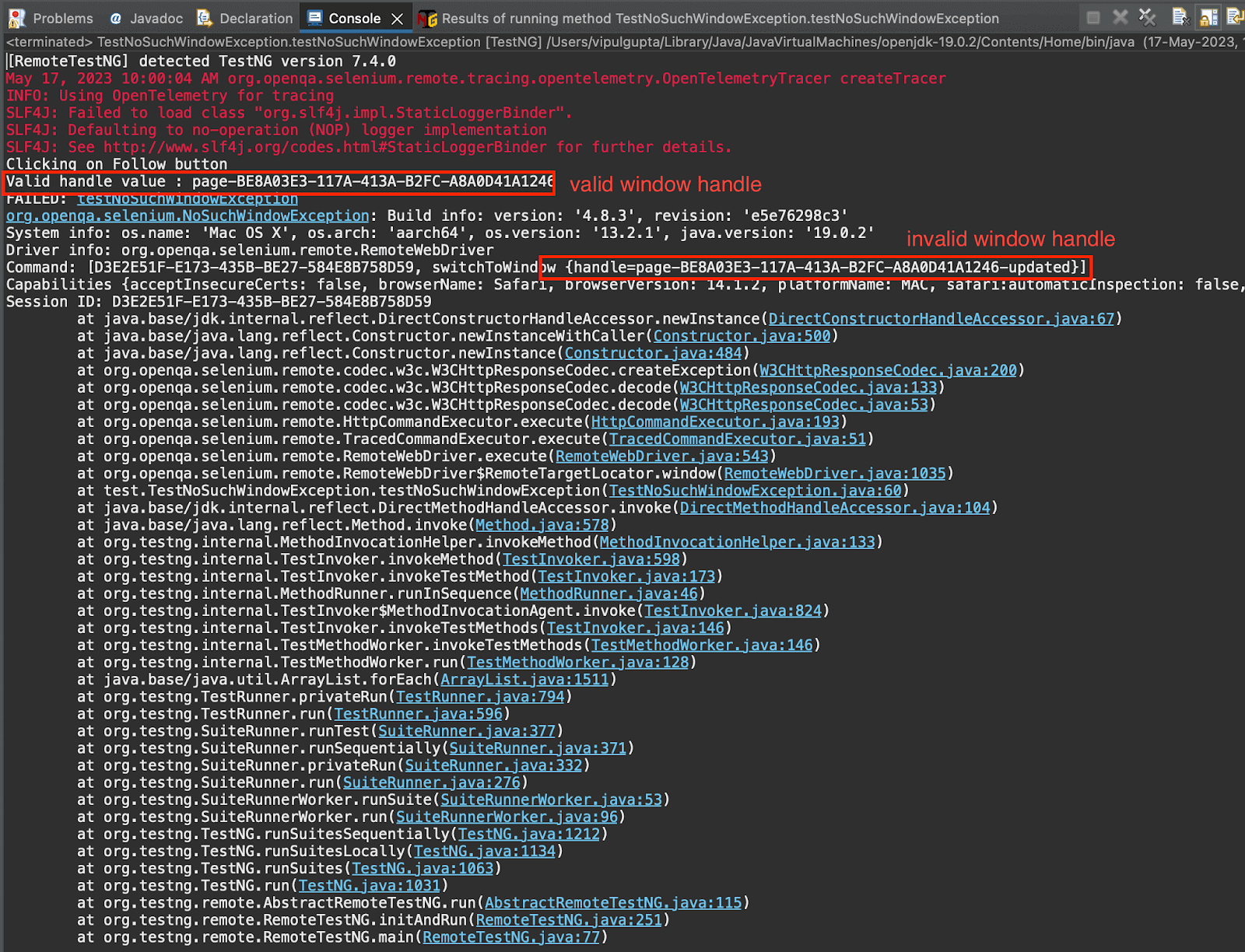 test case fails with NoSuchWindowException