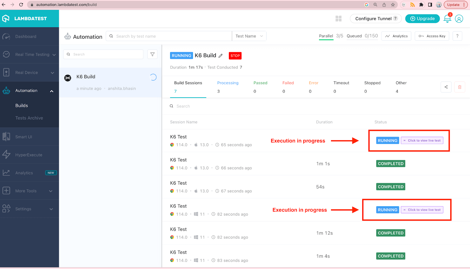 LambdaTest Dashboard k6