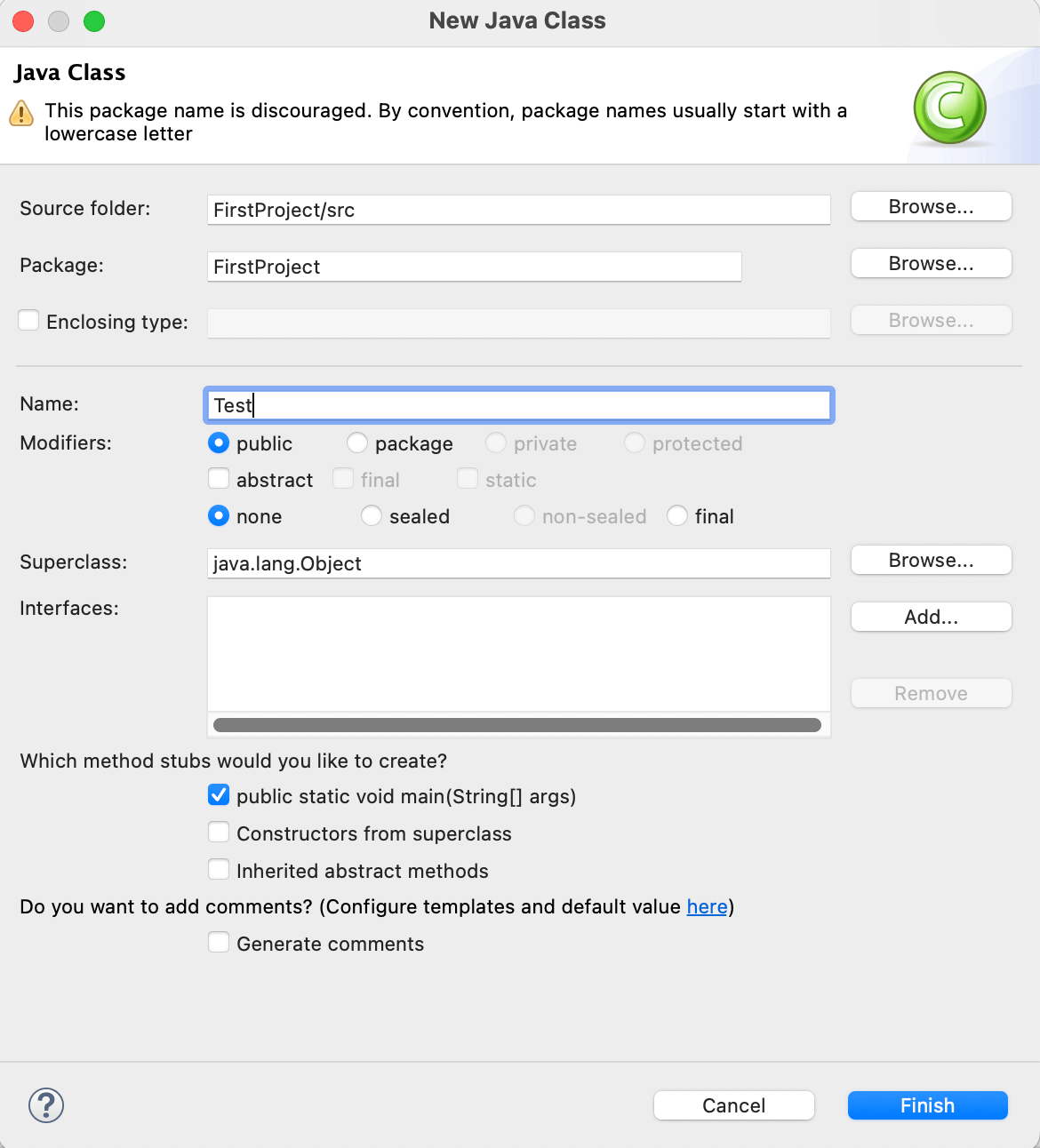 class(Test) and press the Finish button