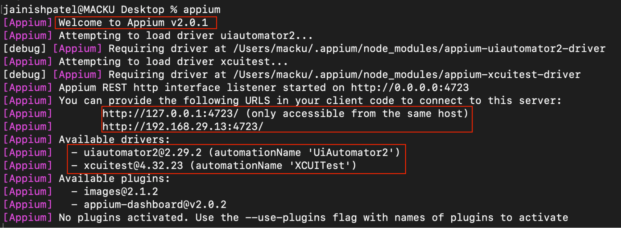 "Appium REST http interface listener started on [http://0.0.0.0:4723]"