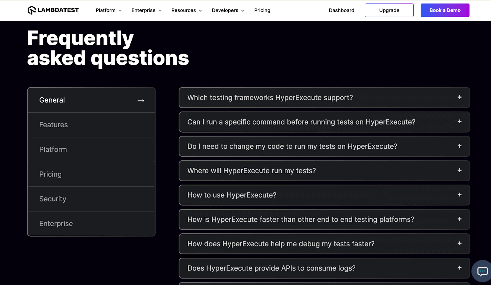LambdaTest lists the FAQ