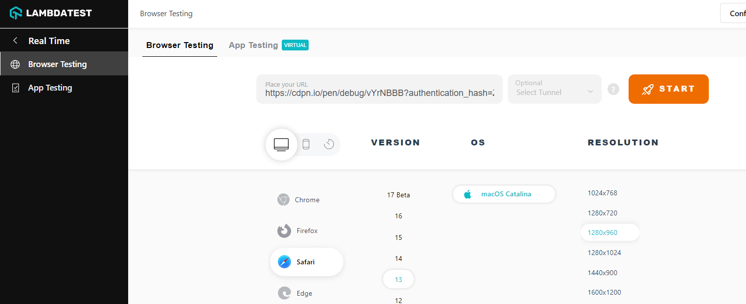 dashboard of Real Time Browser Testing