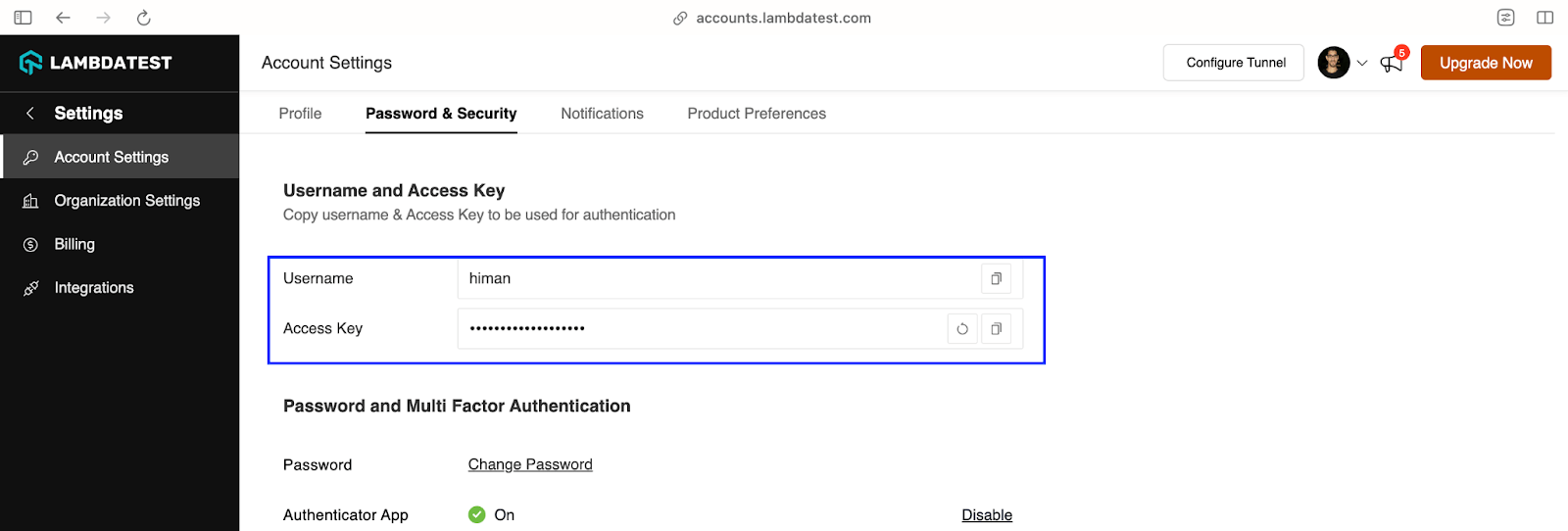  find the LambdaTest credentials