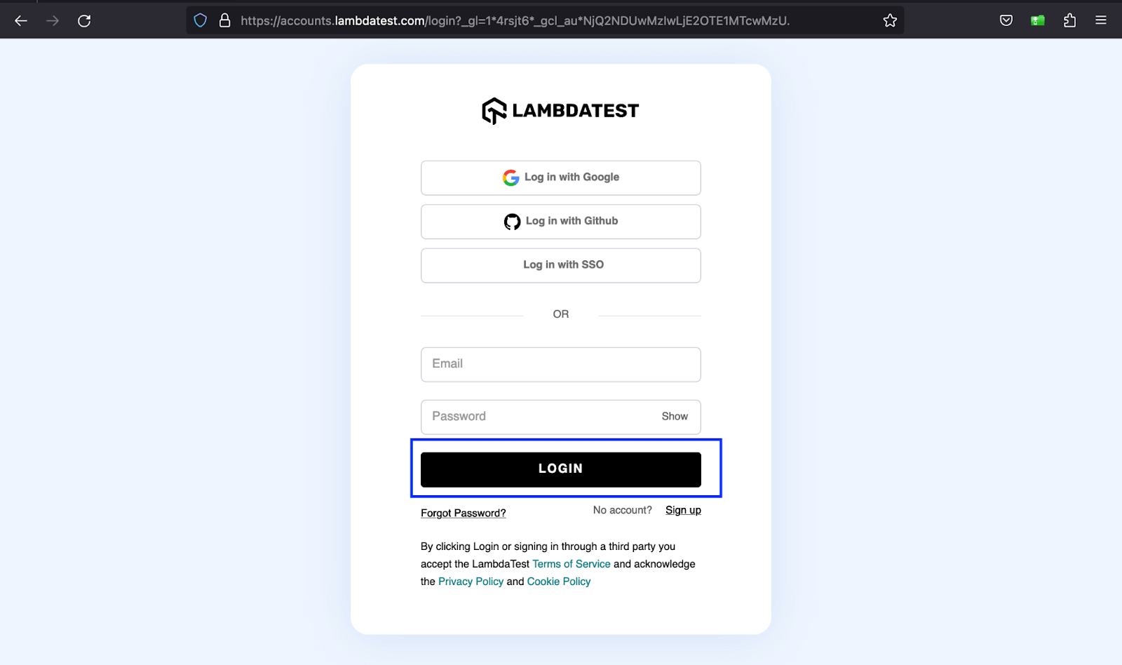 LambdaTest Login page