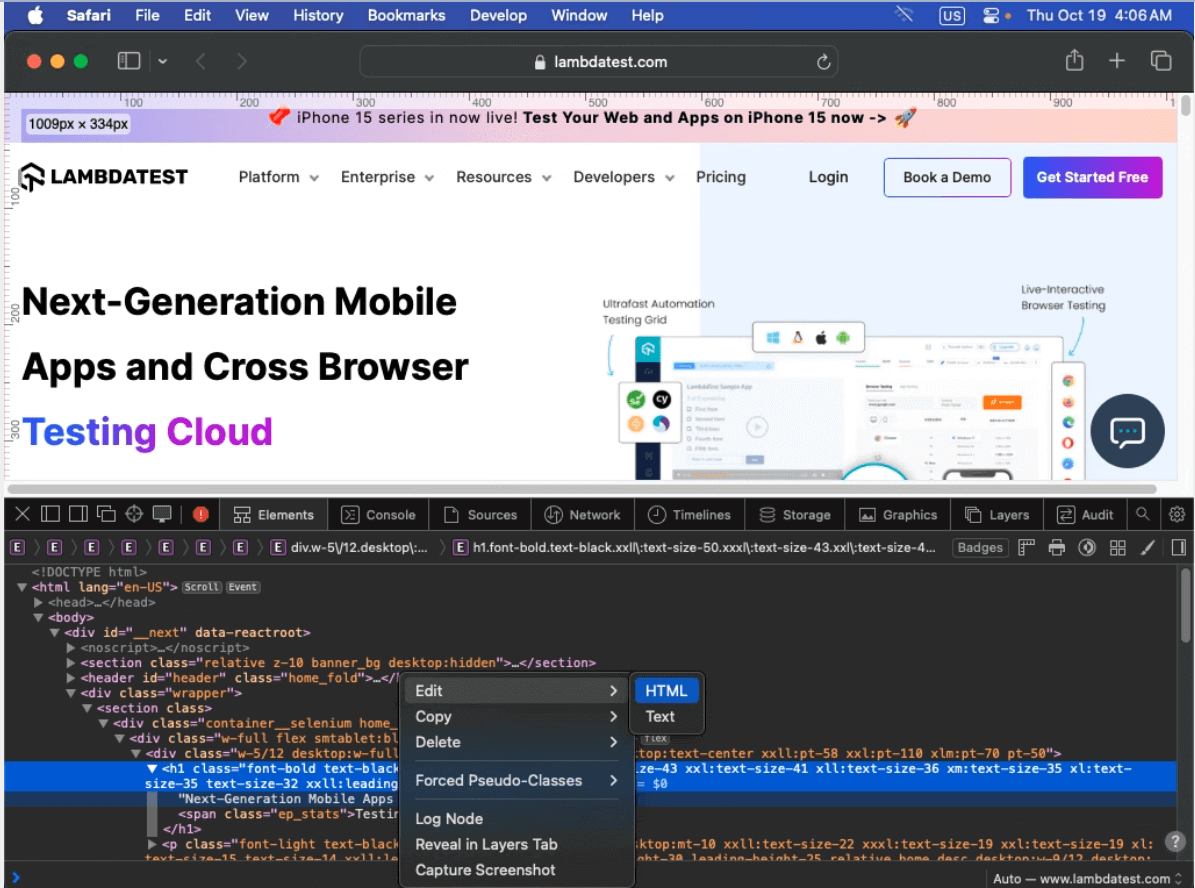 HTML element highlighted in the Developer panel