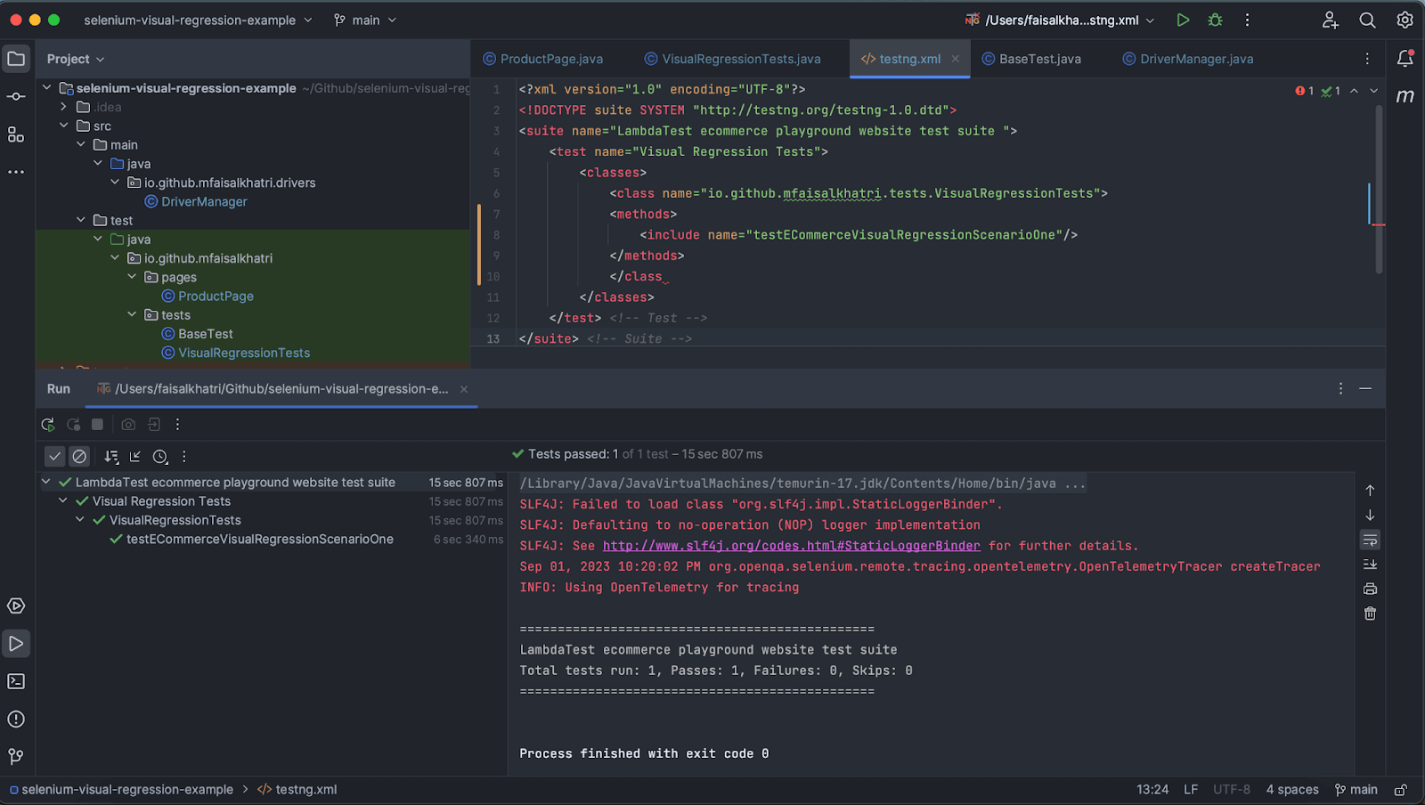 Screenshot of the test execution using IntelliJ