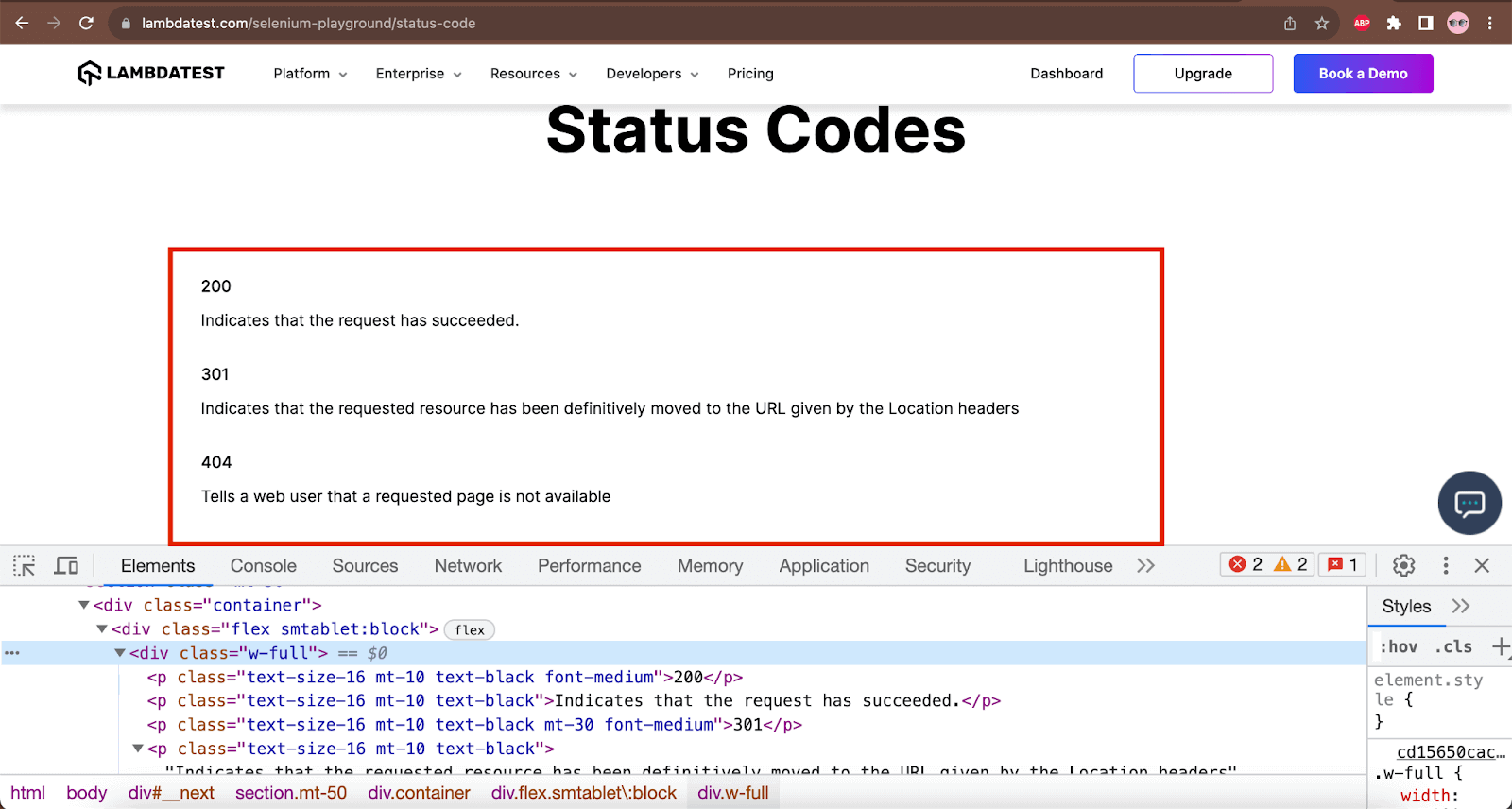 Status Codes page